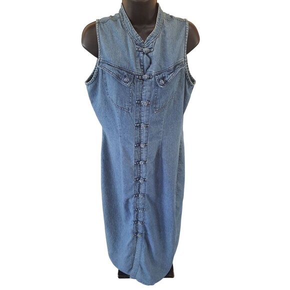 Vintage Sleeveless Denim Dress Button Front Closure Mandarin Collar Women's 12 - Picture 1 of 10